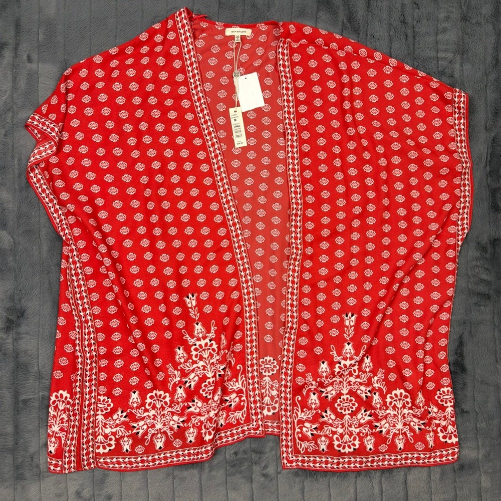 Max Studio Red Cream Dutch Borders Kimono Wrap NWT 3703D27 Womens Medium